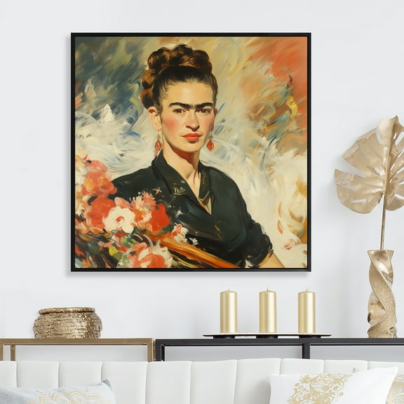 Designart "Vintage Portrait of Frida" Fashion Framed Wall Art - Glam Orange Woman Mexican Hallway Framed Wall Art Decor