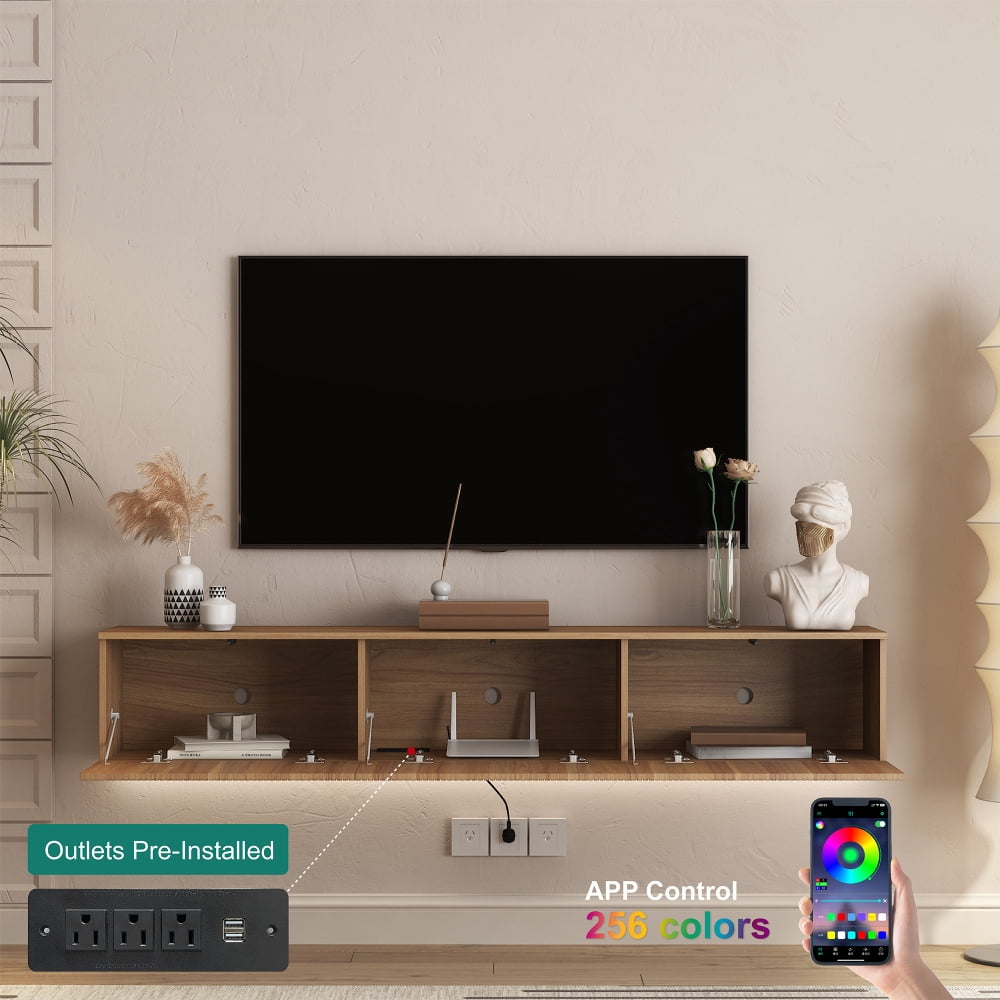 67" Floating TV Stand with 16-Color LED Lights, Wall Mounted Entertainment Center for 55/60/65 Inch TVs, Wood Finish