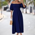 thumbnail image 4 of Gibobby Vestido largo para mujer, de verano Vestidos casuales de verano para mujer Color sólido Hombro Escote cuadrado Vestido oscilante Vestido de playa infor(Marina,M), 4 of 5