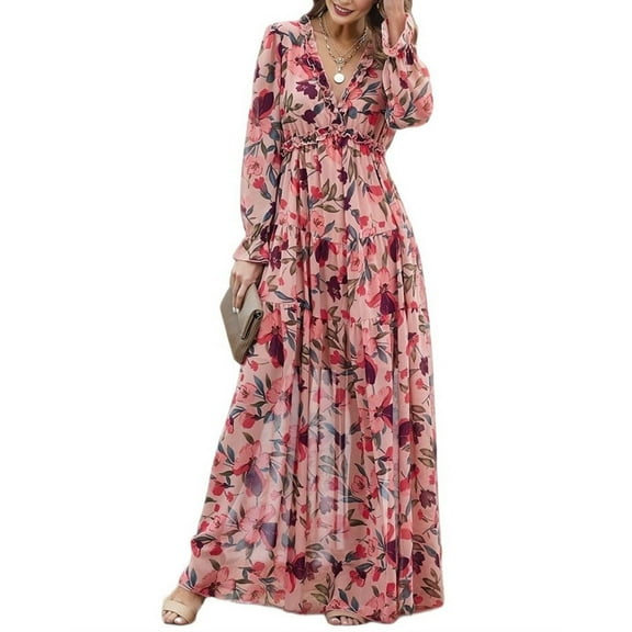 Womens Casual Boho Deep V Neck Long Sleeve Long Dress