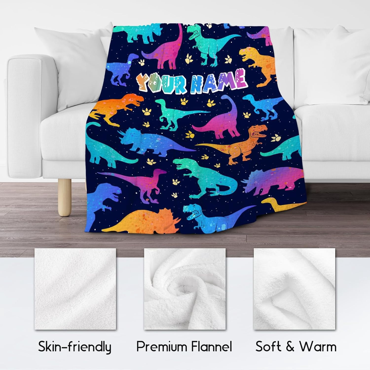 Custom Dinosaur Blanket with Name for Boys Girls, Personalized Dinosaur Gifts for Boys, 50"x60" Toddler Blankets for Boys, Kids Throw Blanket for Couch Bed, Soft Fuzzy Fluffy Throw Blanket