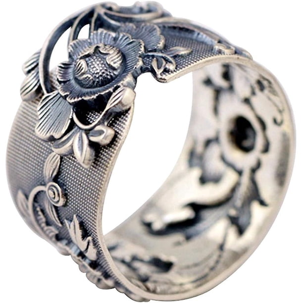 Anillo vintage de plata de ley 999 con forma de flor de peonía, ancho, negro, para mujeres y niñas, 15 mm, abierto y ajustable