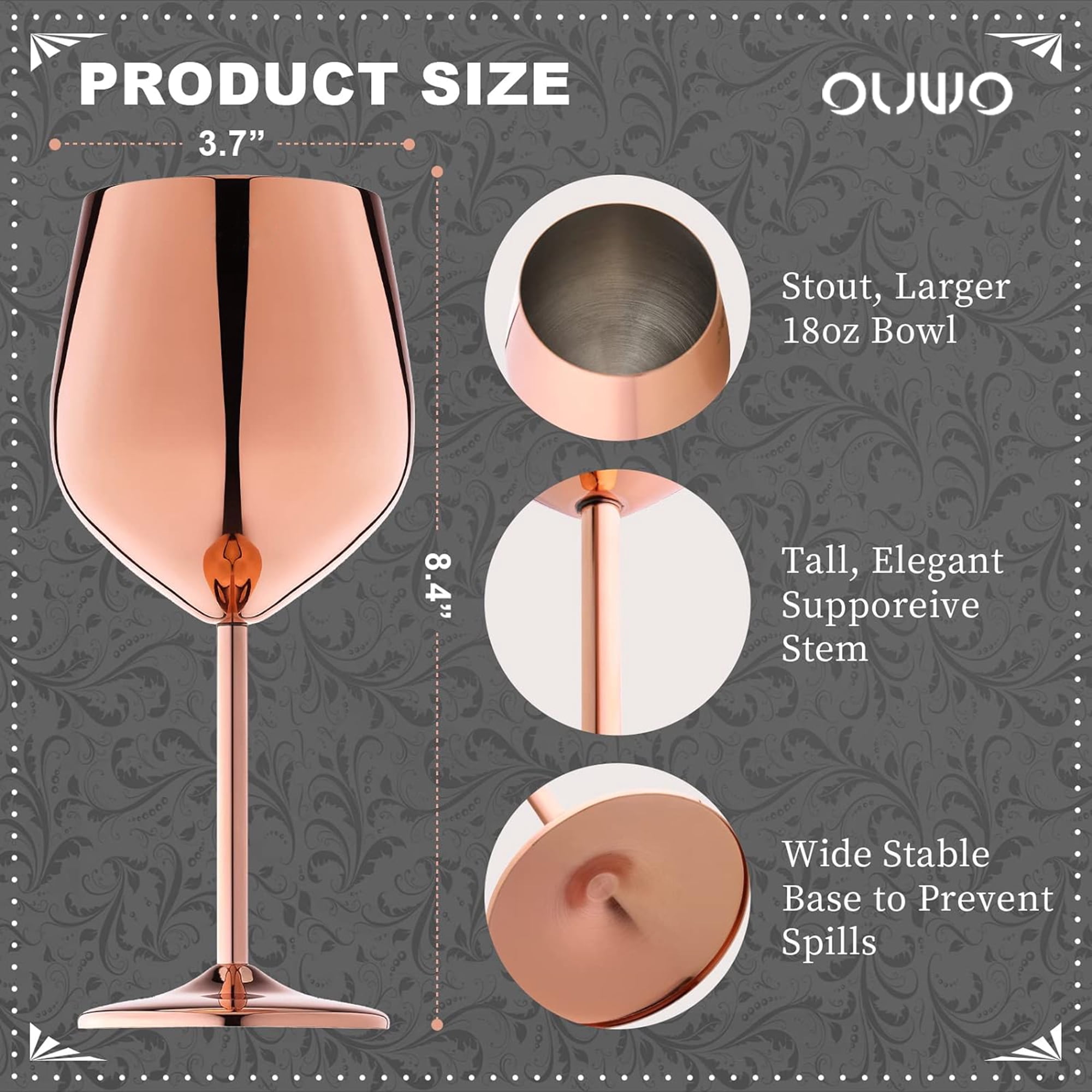 2 Pcs Rosegold 18oz Stainless Steel Wine Glasses, 18oz Unbreakable Metal Wine Glass