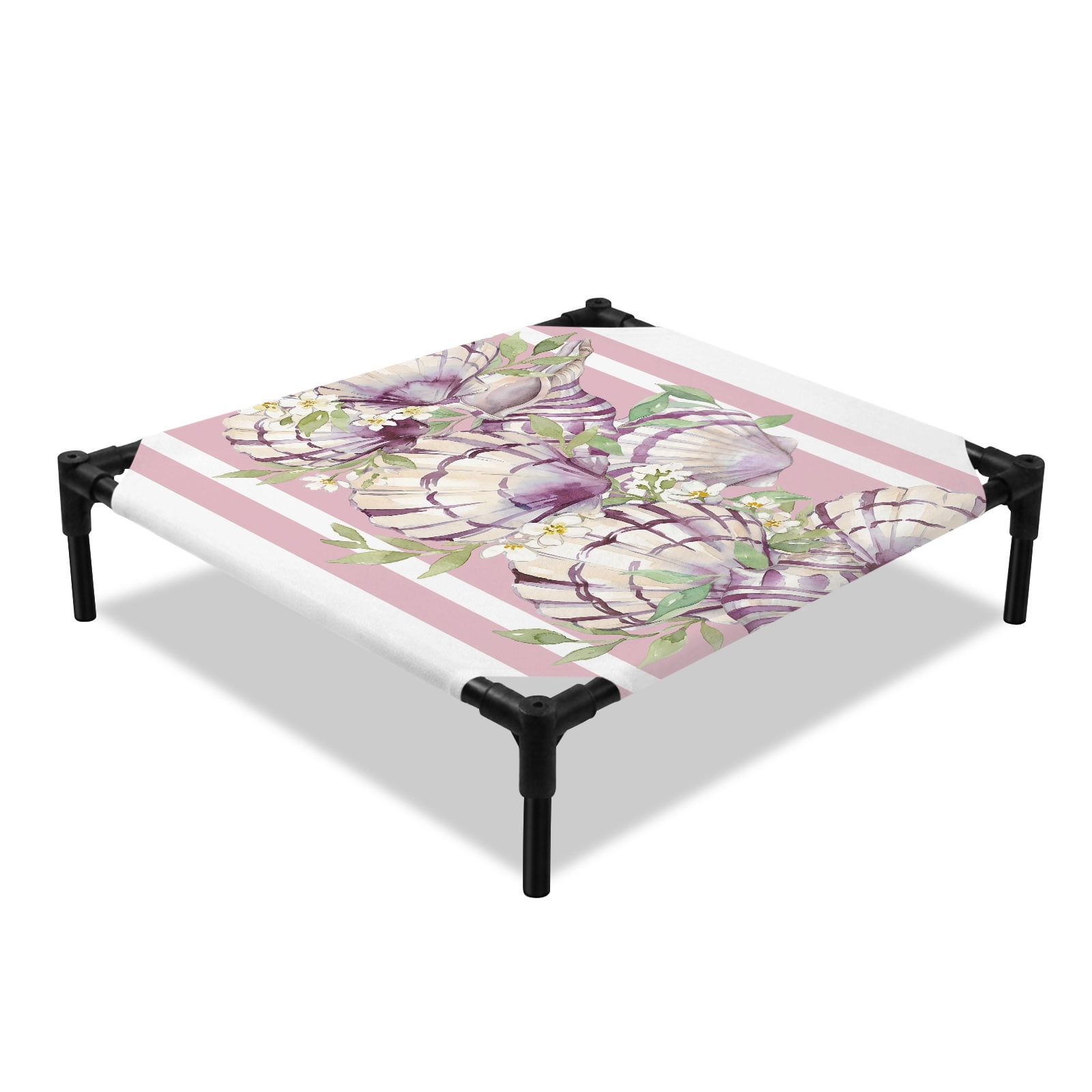 Floral Shells Elevated Dog Bed Summer Coastal Flower Leaf Pink Stripes Cooling Breathable Outdoor Raised Dog Cot Bed with Metal Frame Non-Slip Feet for Small Dog 20x20in
