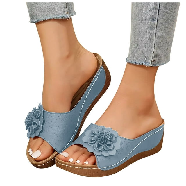 Orthopedic Platform Sandals for Women 2025 Boho Beach Flower Wedge Dress Slip on with Arch Support