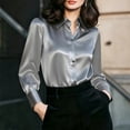 thumbnail image 2 of Puntoco Women's Satin Silk Button Down Blouse, Loose Fit Collared Long Sleeve Shirt, Elegant Solid Color Dressy Casual Work Top Gray M, 2 of 5