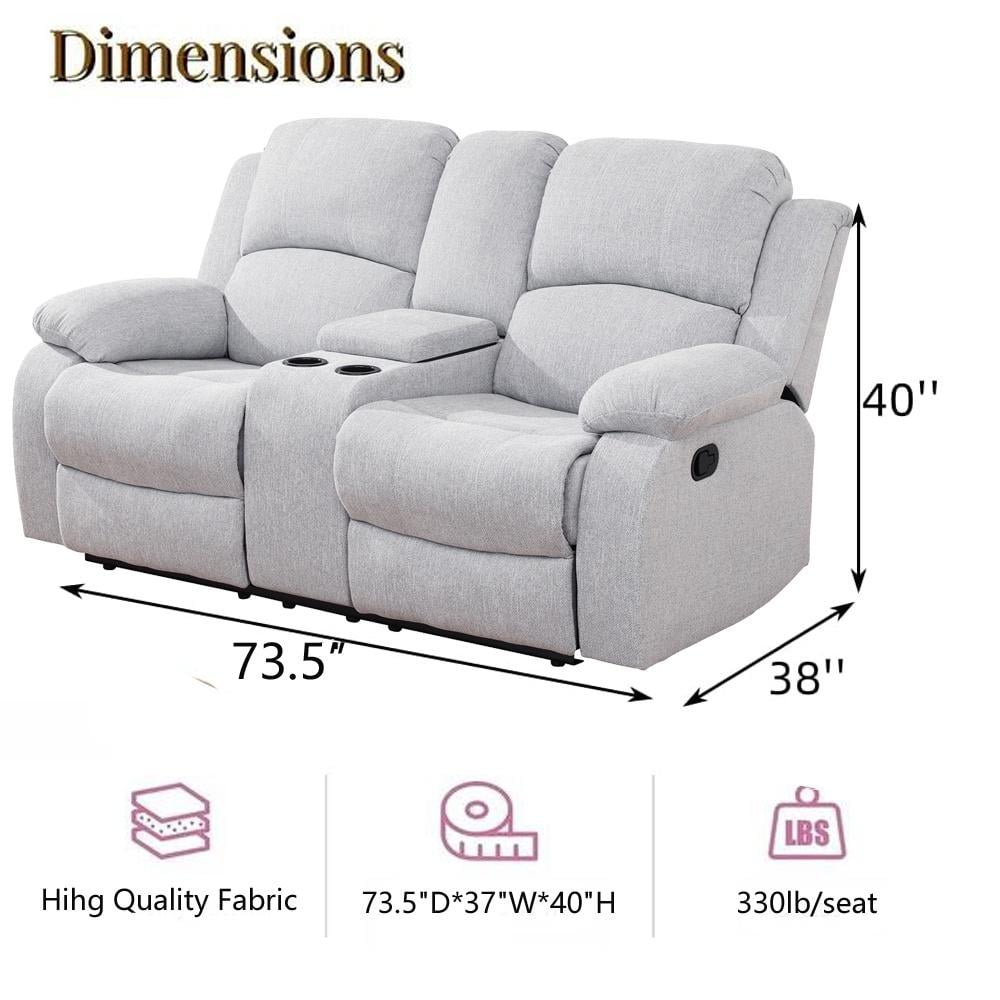 Gewnee Linen Fabric Manual Reclining Loveseat with 2 Recliners and Cup Holders,Gray