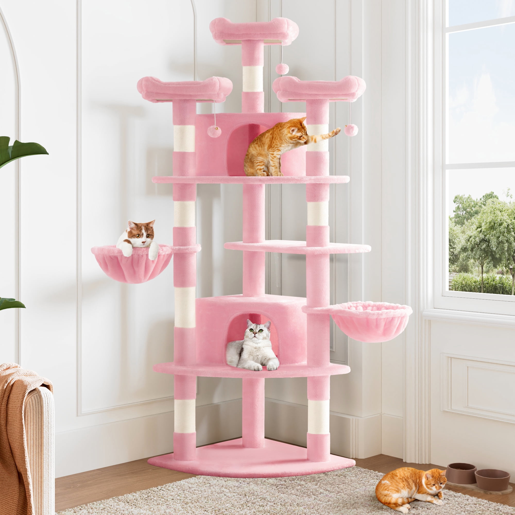 Allewie 73in Fan-Shaped Space-Saving Corner Cat Tower Multi-Level Tall Cat Tree for Indoor Kitties Cozy Baskets Condos House Perches Sisal Scratching Posts Pink