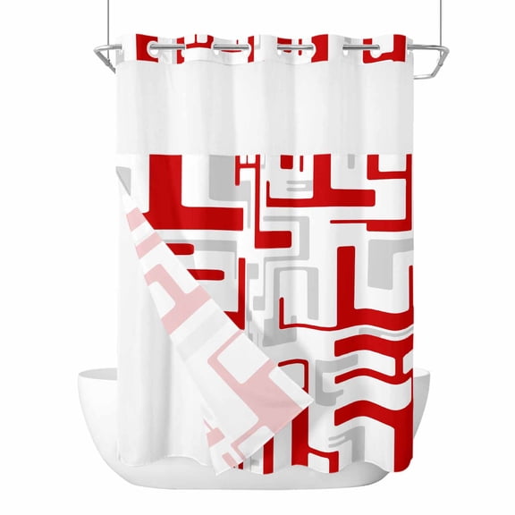 No Hook Modern Geometric Red Shower Curtain with Snap in Liner Set, Abstract Minimalist Artwork Lines Waterproof Bathroom Curtains with See Through Top Window, Hotel Style Extra Long 72 x 96 Inch