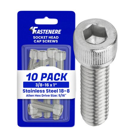 3/8-16 X 1 Socket Head Cap Screws, Full Thread, Allen Socket Drive, Stainless Steel 18-8, Bright Finish, Quantity 10 Pieces