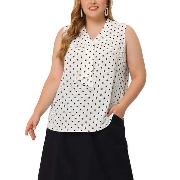 Agnes Orinda Women's Plus?Size?Tops Polka Dots Tie?V Neck Sleeveless Classic Blouses 1X White