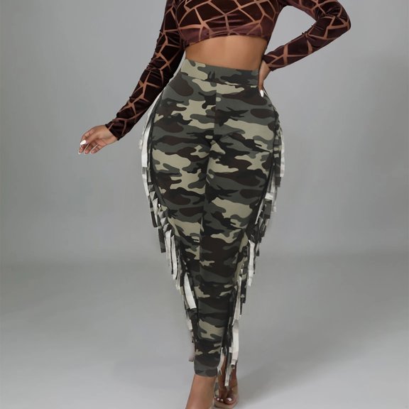 Idoravan Women's Plus Size Pants Clearance Fashion Womens Sexy Skinny Camouflage Fringed Bandage Trousers