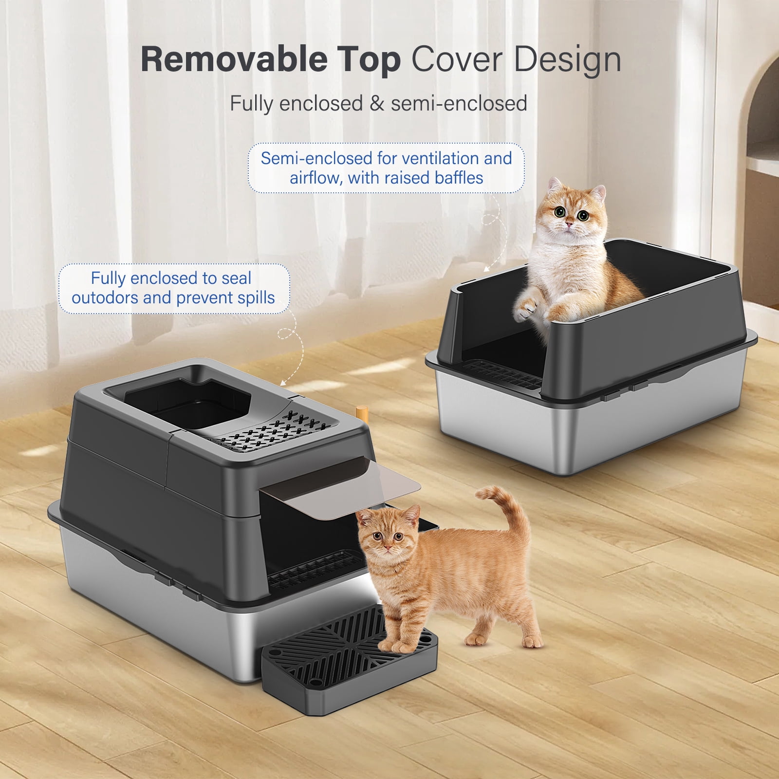 Aphyxen XL Enclosed Stainless Steel Cat Litter Box, 110° Flip Lid, Top Entry Metal High Sided with Pedal & Scoop, Anti-Leakage (Black)