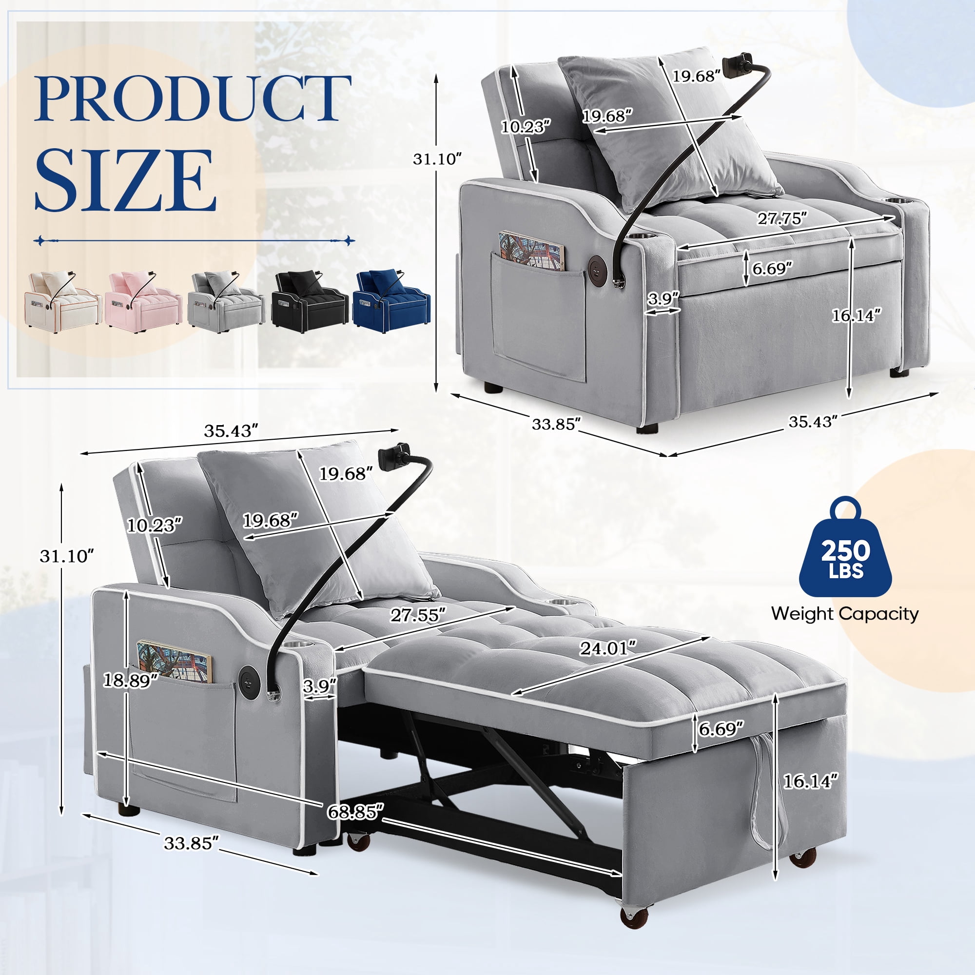 Lunale 4-in-1 Convertible Sleeper Chair Bed with Charge Ports & Phone Stand, Gray Velvet