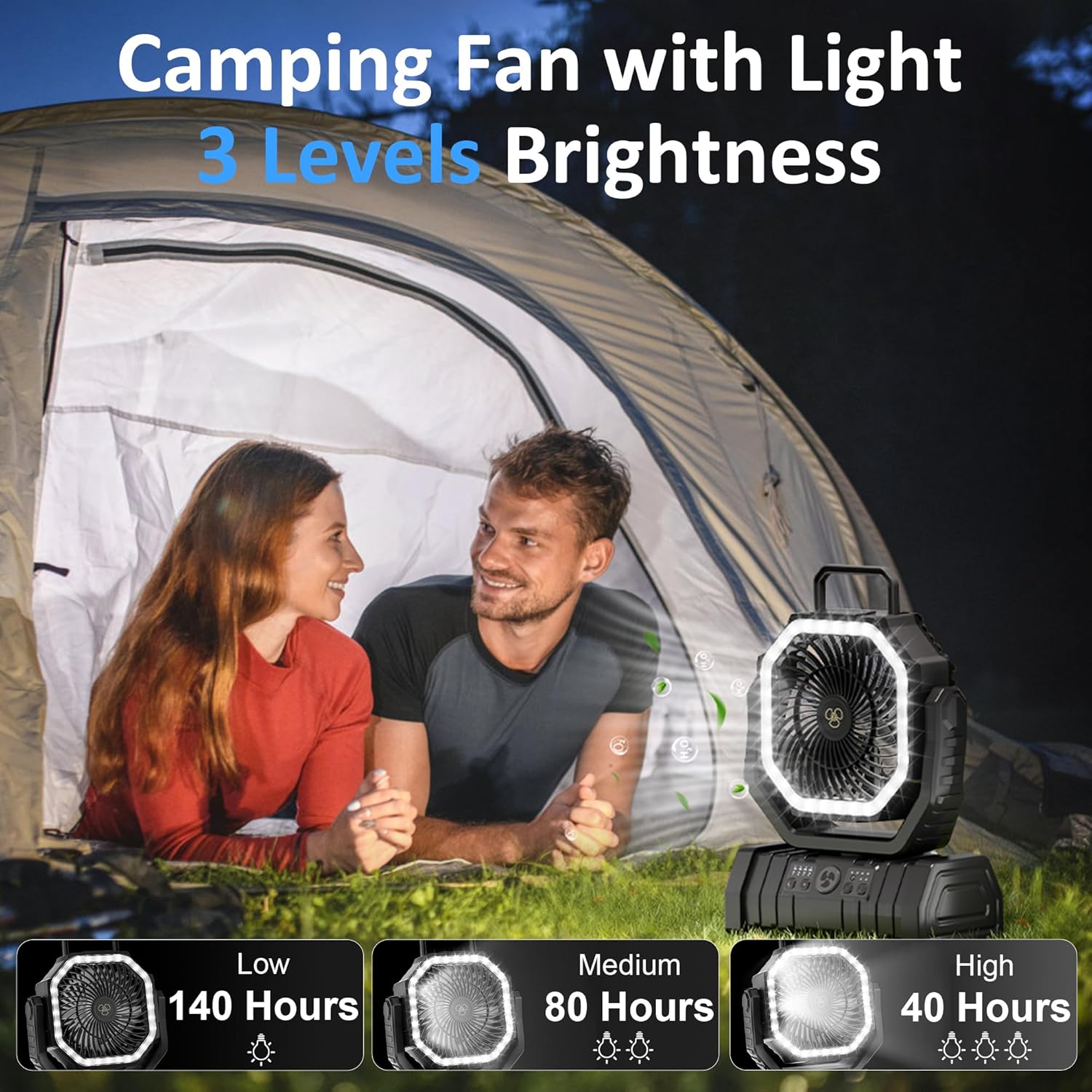 Portable Fan Rechargeable, 20000mAh Cordless Battery Powered Camping Fan with LED Light & Remote, 4 Speeds Wind, Timer, USB C, 360 Hanging Hook, Oscillating Fans for Travel Tent, Camping Essentials