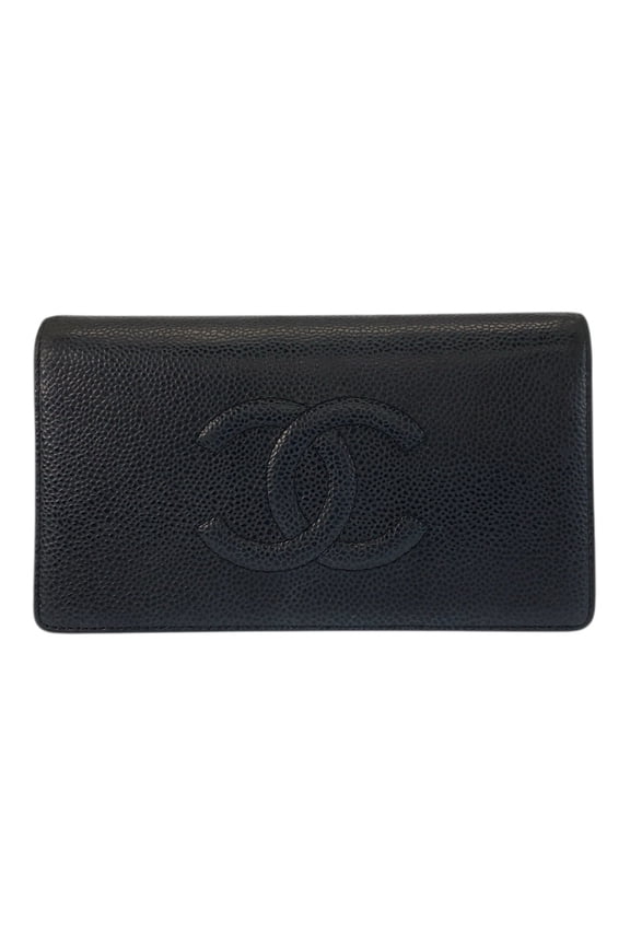 Pre-Owned CHANEL Coco Mark Black Leather Long Wallet for Women