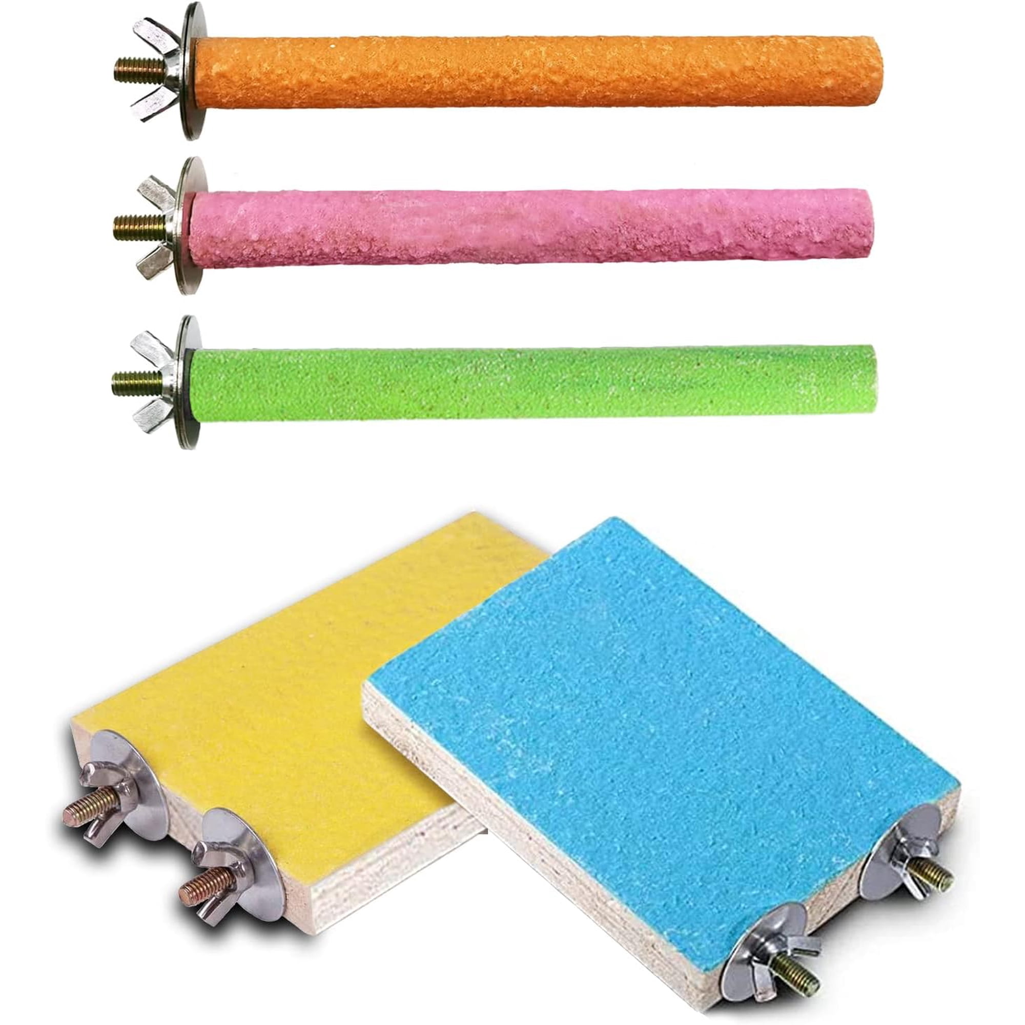 5pcs Bird Perch Stand Platform Natural Wood Parakeet Toys Cage Accessories | Colorful Rough Quartz Sand Surface, Thickened Exercise Paw Grinding Stick for