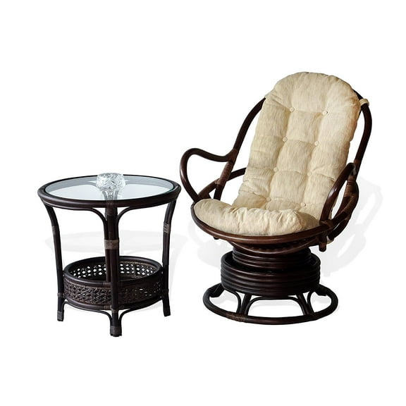 SK New Interiors Set of Swivel Rocking Java Lounge Chair Natural Rattan Wicker Handmade w/Cream Cushions and Round Coffee Table w/Glass, Dark Brown
