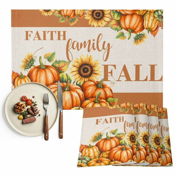 Thanksgiving Orange Pumpkin Placemats Set of 6 Faith Family Fall Sunflower Vintage Heat Insulated Linen Place Mats, Washable Stain-Proof Table Mats for Dining Tables Holiday Decor 13x19inch