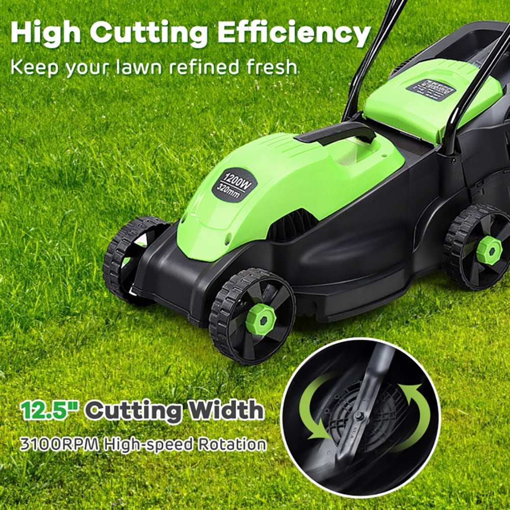 Kepooman 14 Inch Electric Push Lawn Corded Mower with Grass Bag-Green