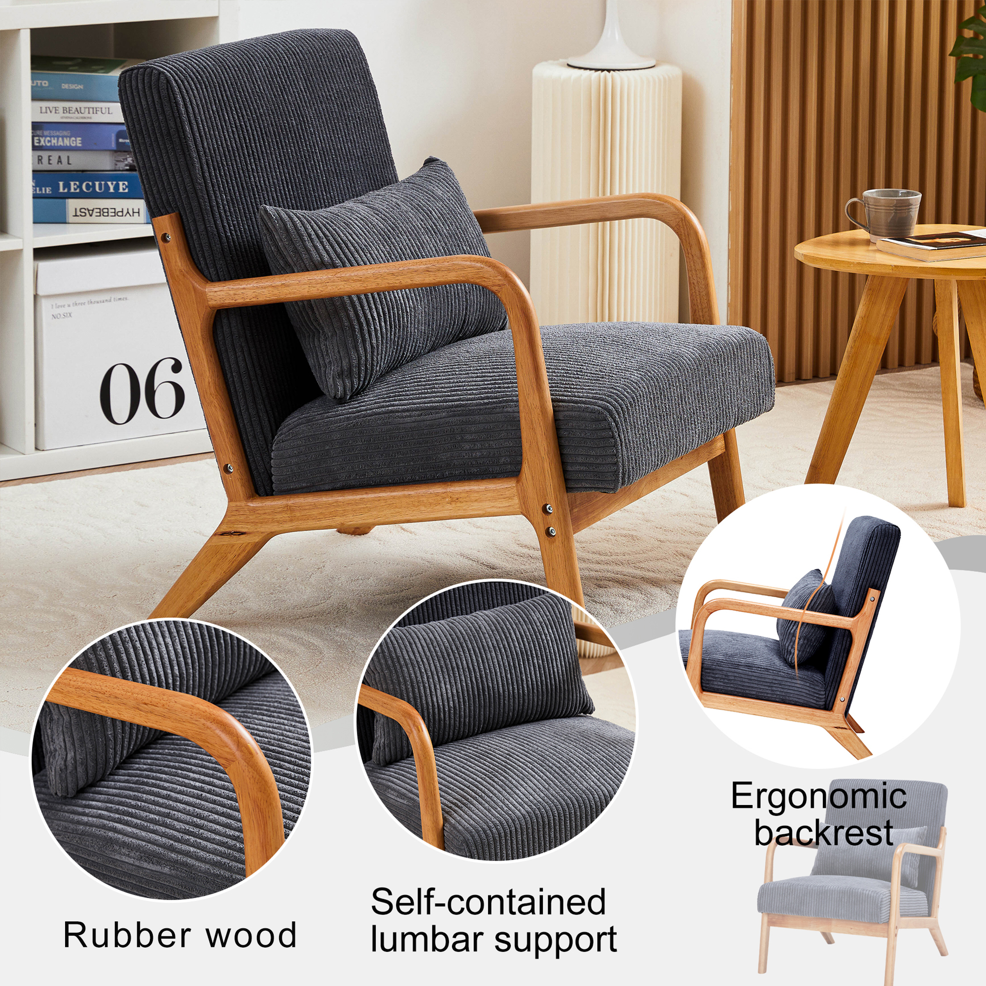 Leumius Modern Arm Chair Upholstered Reading Accent Chair with Pillow & Solid Wood Frame for Living Room Bedroom,Dark Grey 02