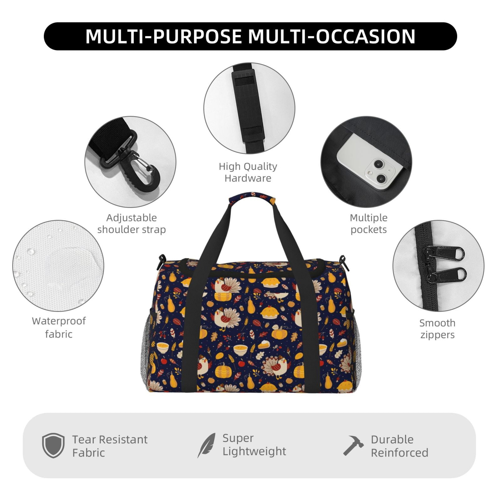 Fuzoiu Turkey And Autumn Print Travel Duffle Bag,Carry On Tote Bags,Duffel Bag,Sport Gym Bag, Hospital Bag for Labor and Delivery, Overnight Bag,Luggage Bag