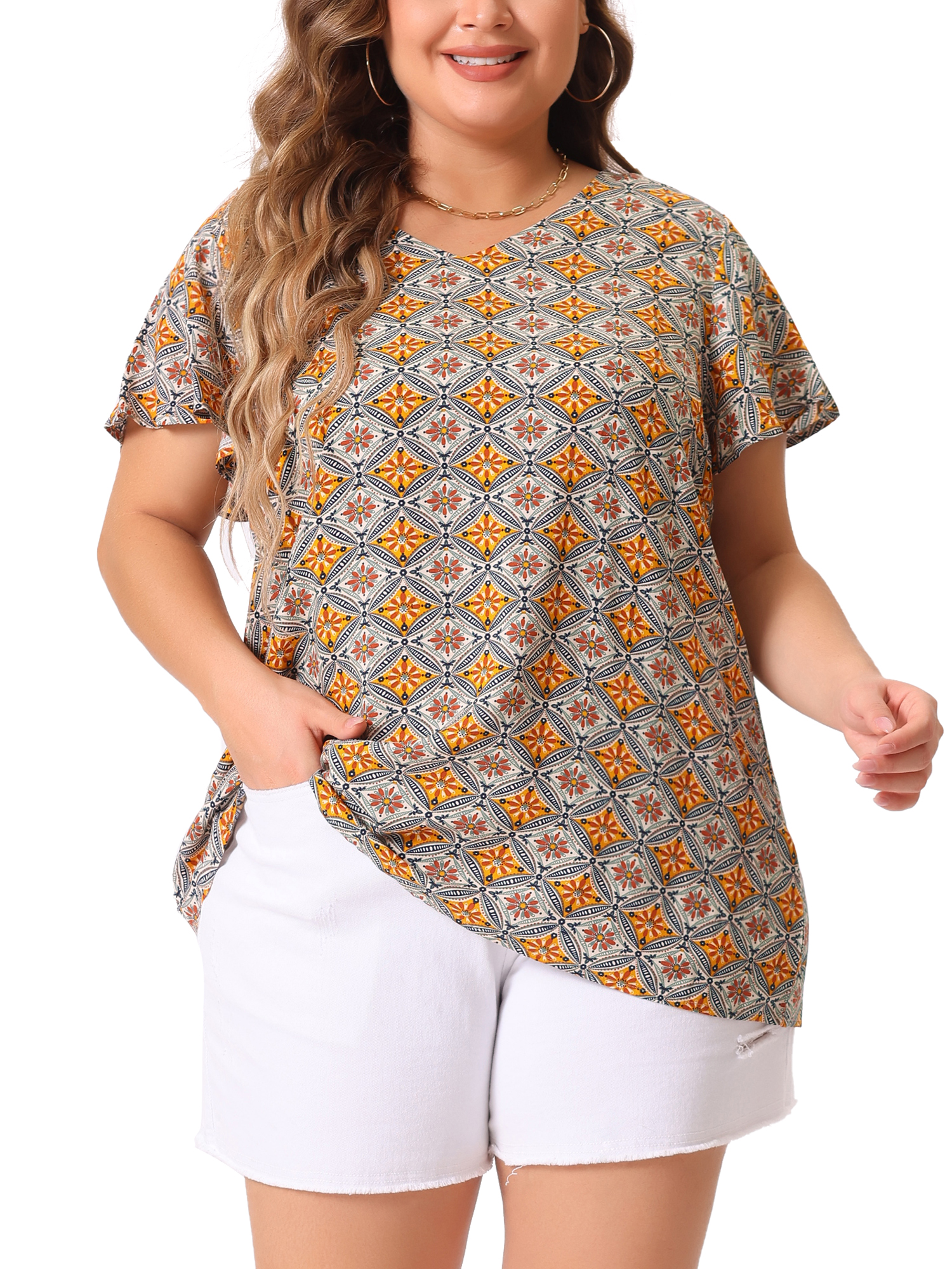DARING DIVA Women's Plus Short Sleeve V Neck Floral Print Casual Blouse 4X Brown