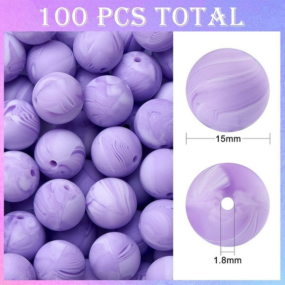 100Pcs Silicone Beads Round Rubber Bead 15MM Loose Spacer Beads for DIY Supplies Jewelry Keychain Making Lilac 15mm