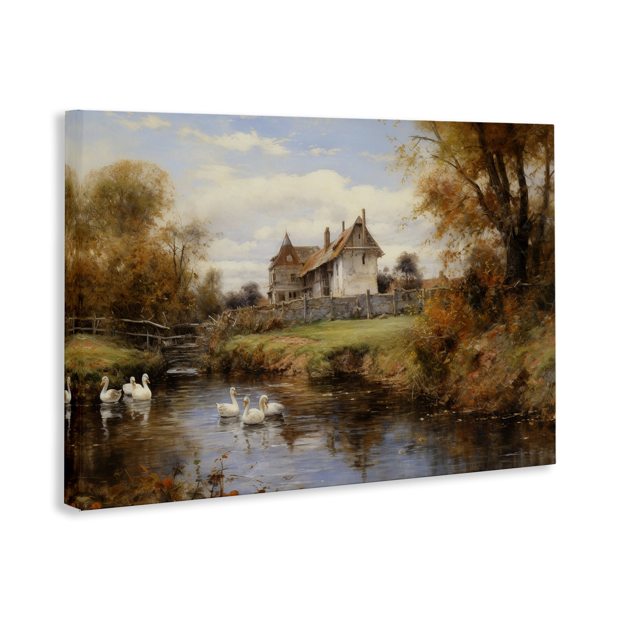Stupell Industries Ducks in Cottage River Landscape & Nature Painting Wrapped Canvas Art Print Wall Art, 30 x 20