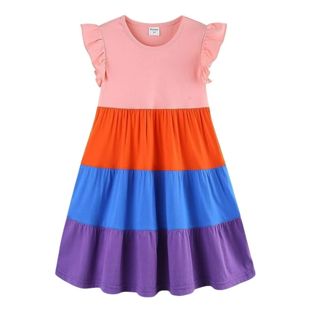 Robe d'Été Fille Enfant Robe Évasée à Volants Manches à Volants Robe Orange pour Filles Robes de Bal pour Filles