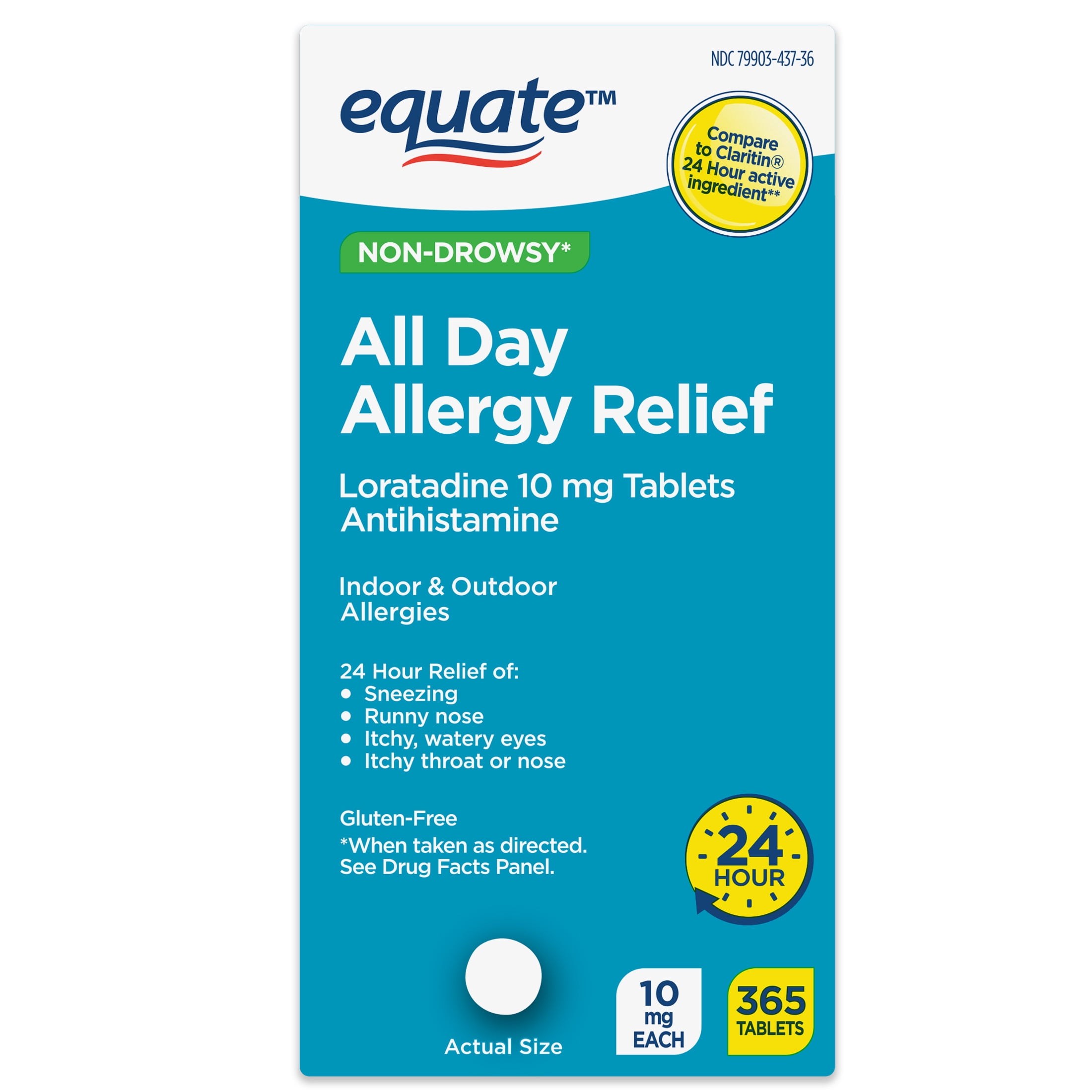 Equate Non-Drowsy All Day Allergy Relief Loratadine 10 mg Tablets Antihistamine, 365 Count, Compare to Claritin® 24 Hour Active Ingredient