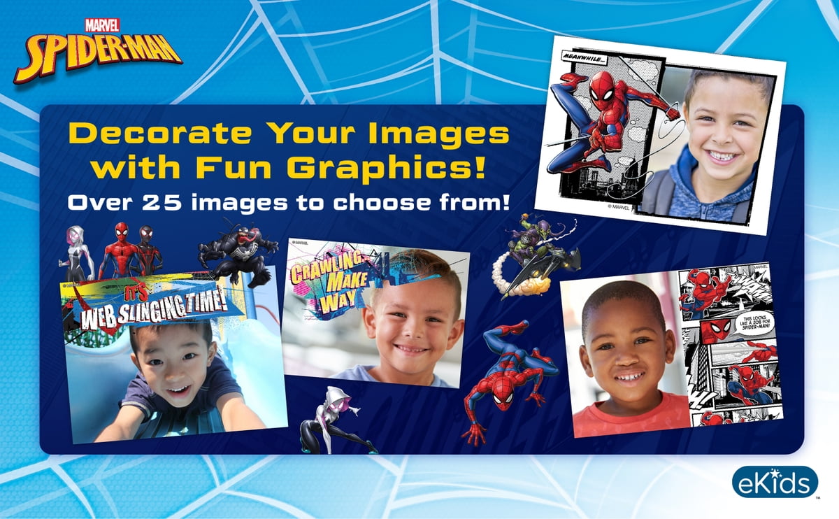 ekids Spiderman Kids Camera with SD Card, Digital Camera for Kids with Video Camera and Built-in Digital Stickers