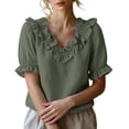 thumbnail image 2 of Yrmaups Loose Fit Short Sleeve T Shirt for Women, Casual V Neck Ruffle Blouse, Soft Stretch Everyday Tee for Beach Travel Office Daily Wear, Army Green 2XL, 2 of 9