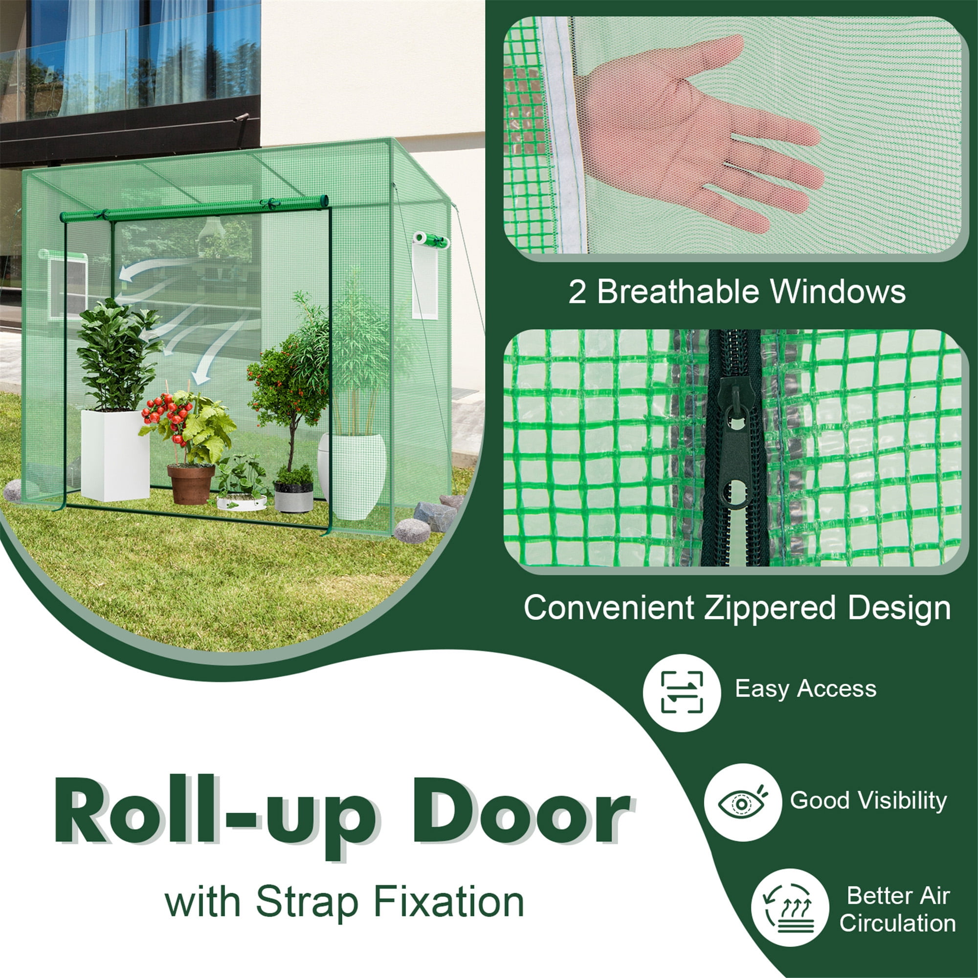 Gymax Portable Mini Greenhouse w/ PE Cover 4 Wind Ropes & Ground Stakes Zipper Door