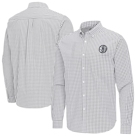 Men's Antigua Gray Brooklyn Nets Ellis Woven Tri-Blend Button-Down Shirt