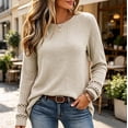 thumbnail image 2 of VISALY Ribbed Long Sleeve Sweater Shirts Lightweight Crewneck Pullover Sweater Cute Fall Business Dressy Casual Work Tunic Tops Cozy Knit Pullover Blouses Fall Outfits Trendy Boho Clothing Beige L, 2 of 9