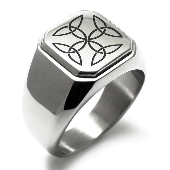 Stainless Steel Celtic Carolingian Cross Triquetras Engraved Square Flat Top Biker Style Polished Signet Ring