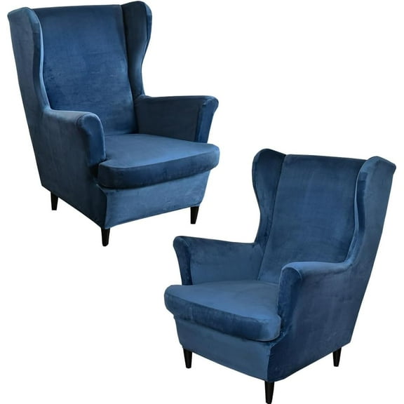 NAMZI 2 Sets Velvet Stretch Wingback Chair Sofa Slipcover Solid Color Plush Sofa Cover Furniture Protector Couch Soft with Elastic Bottom, Navy