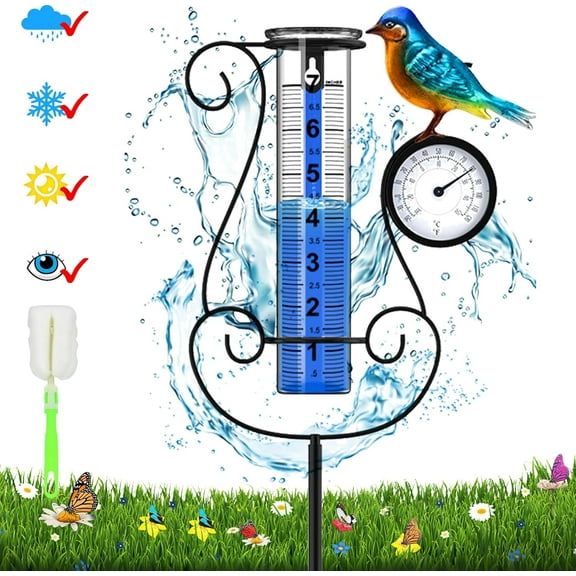 Outdoor Rain Gauge, Large Color Digital Rain Gauge with Metal Hummingbird and Temperature & Hygrometer, Height Adjustable, Large Capacity, for Garden, Deck, Lawn, Patio, Farm
