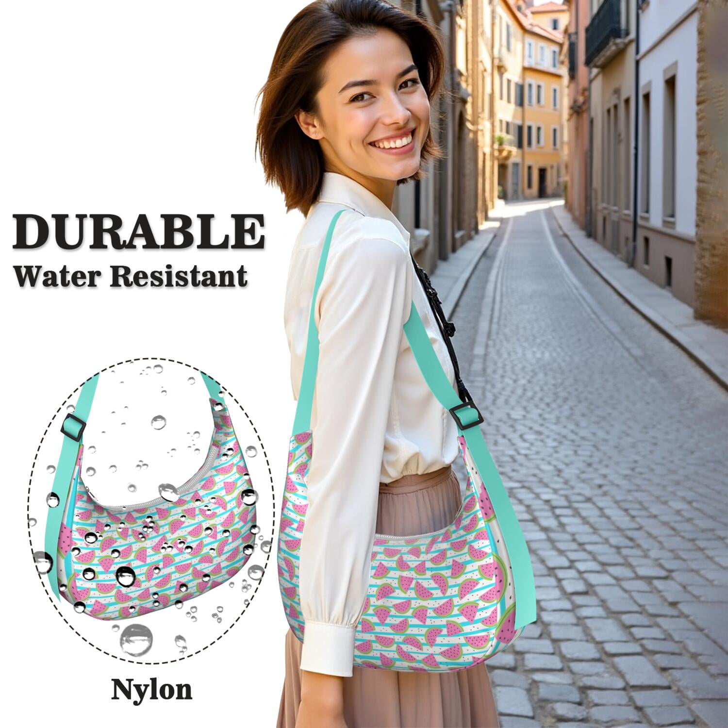 Watermelon Lovers Cute Print Hobo Purse for Women, Summer Fruit Crossbody Tote, Lightweight Water-Resistant Shoulder Bag, Tropical Sunshine Beach Design