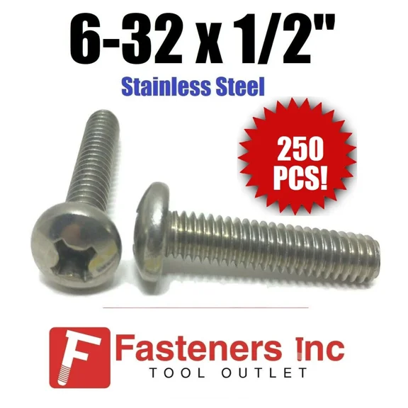 (Qty 250) #6-32 X 1/2" Phillips Pan Head Machine Screw Stainless Steel