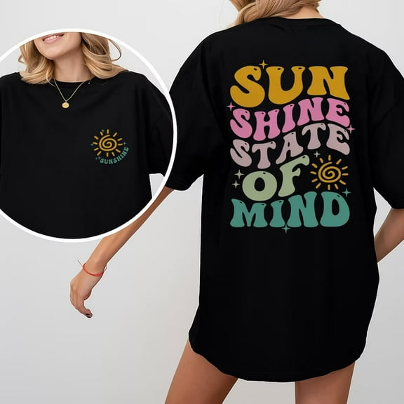 Sunshine State Of Mind Print T Shirt Summer Graphic Tops Popular Trendy Summer Shirts Sunshine Preppy Design Tees Black,L