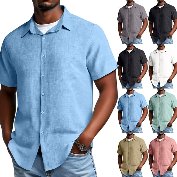 LTTVQM Men's 2026 Shirts Solid Color Short Sleeve Fashion Casual Beach Button-Down-Shirt for Summer & Vacation Sky Blue 3XL