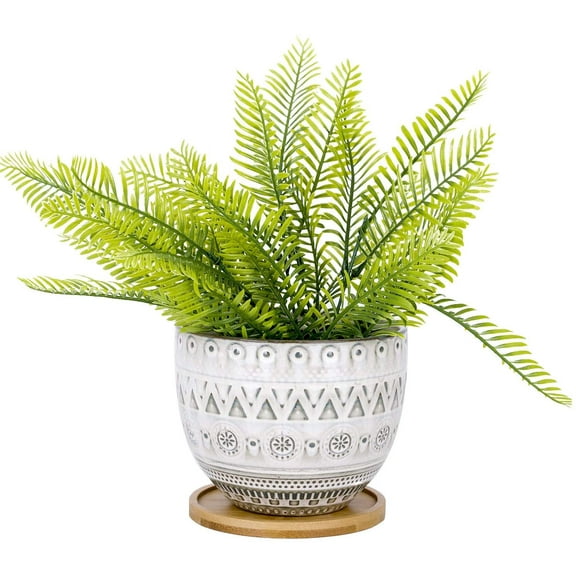 5.6 inch Large Round Bohemian Style Ceramic Planter, Geometry Engrave Off White Brown Succulent Planter Flower Pot, Indoor Outdoor Decorative Planter