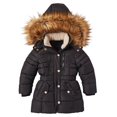 thumbnail image 4 of Girls Fleece Lined Quilted Midlength Winter Puffer Jacket Zip-Off Sherpa Hood - Black (5/6), 4 of 7