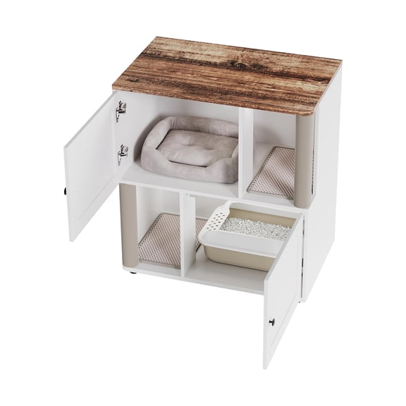 Double Layer Cat Litter Enclosure for 2 Cats, Hidden Furniture with Scratching Post & Board, Wooden 2-Story Cat Washroom/Bed, Pet End Table