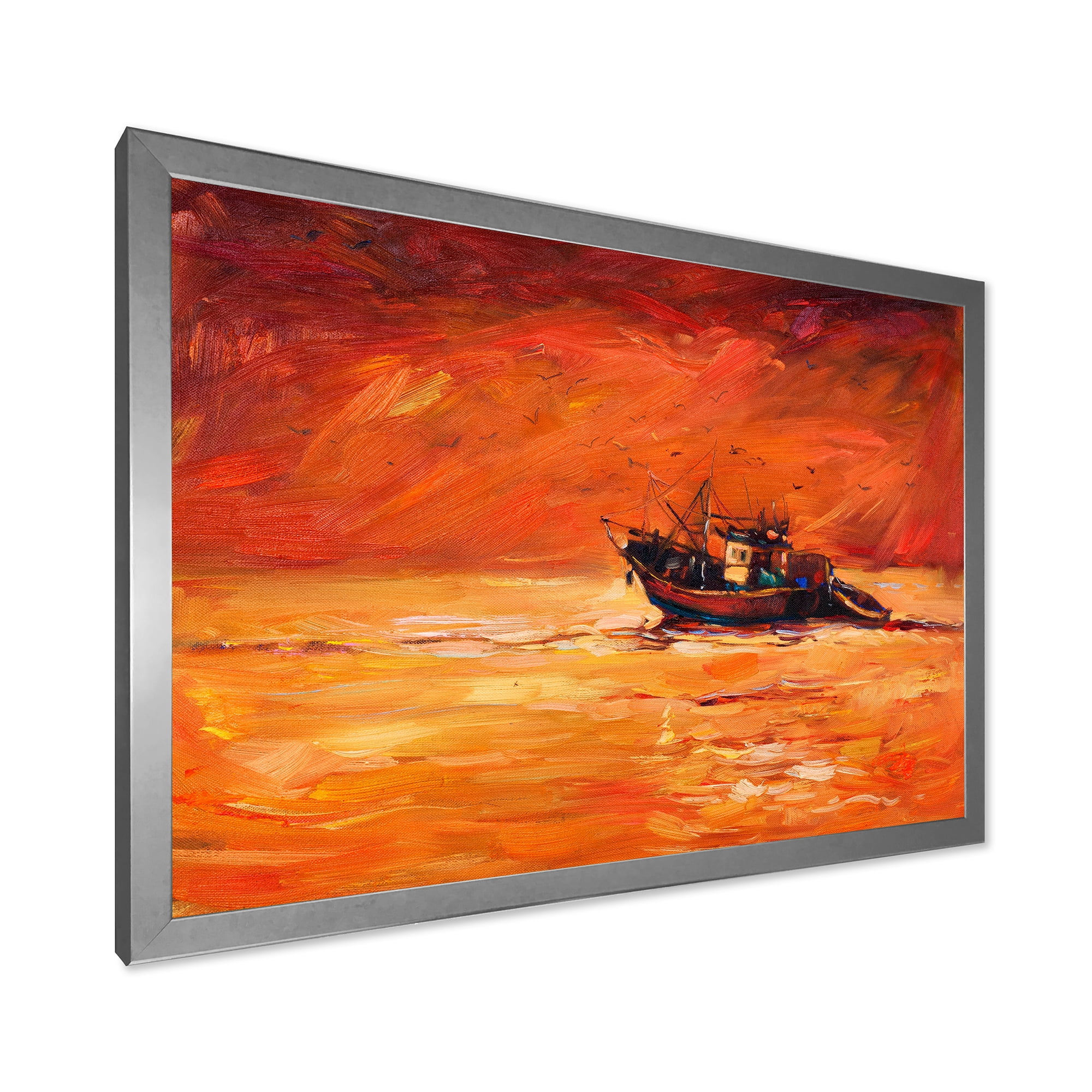 Fishing Boat During Red Evening Glow 40 in x 30 in Framed Painting Canvas Art Print, by Designart