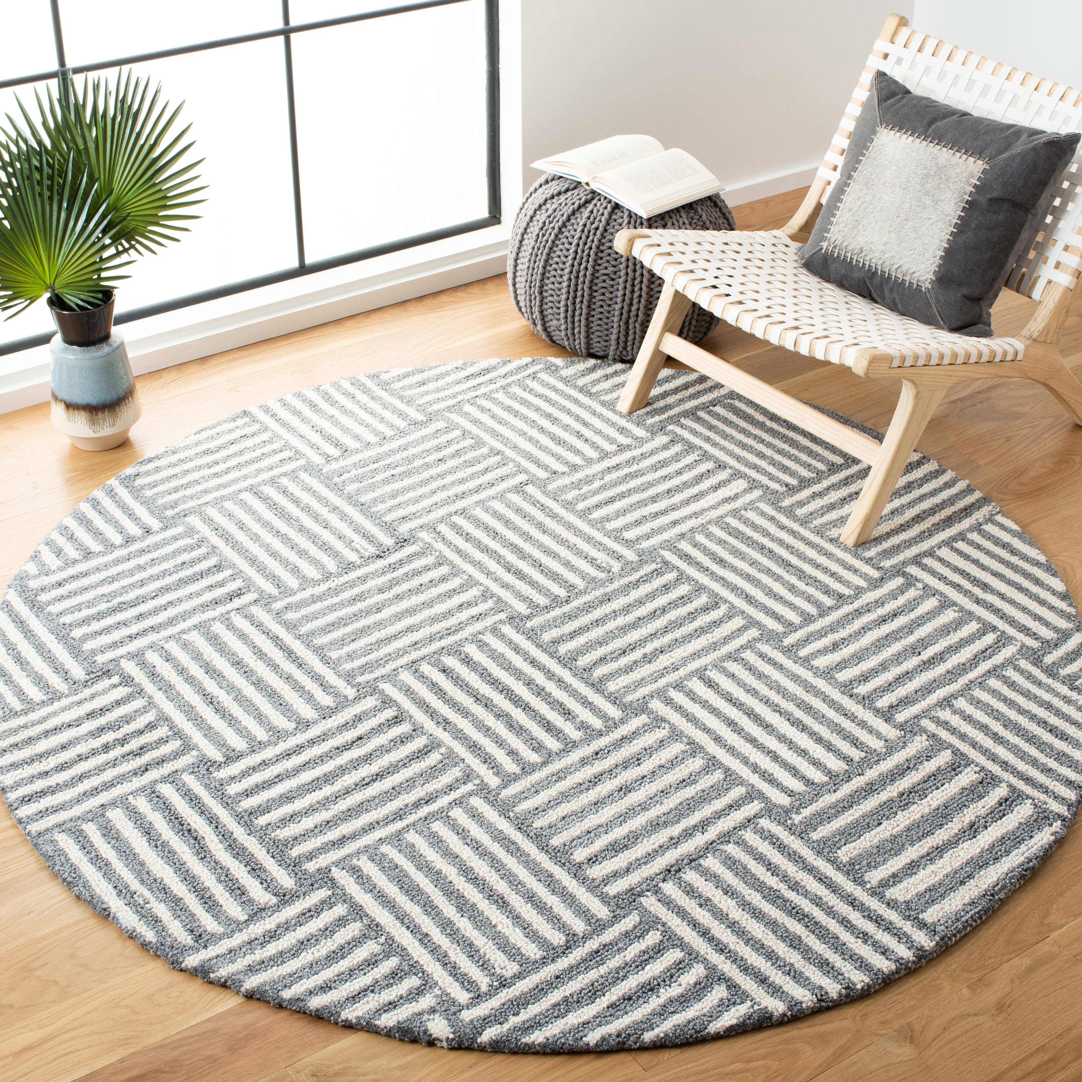 SAFAVIEH Abstract Benedict Geometric Area Rug, Ivory/Dark Gray, 6' x 6' Round