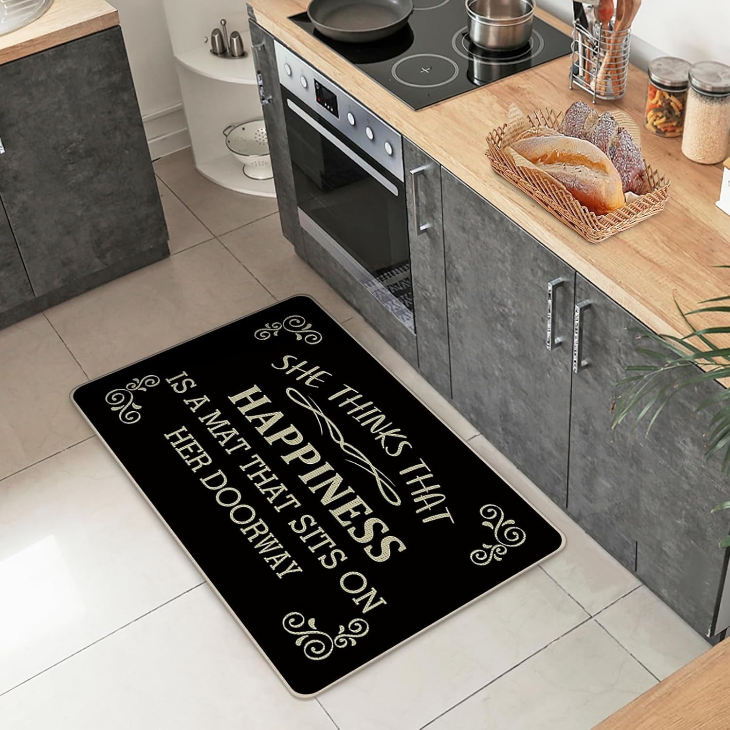 Funny She Thinks That Happiness is a Mat That Sits on Her Doorway Front Door Mat, Decorative Welcome Doormat Non-Slip Floor Entryway Rug, Low Profile Indoor Outdoor Home Kitchen Decor 17"x29"