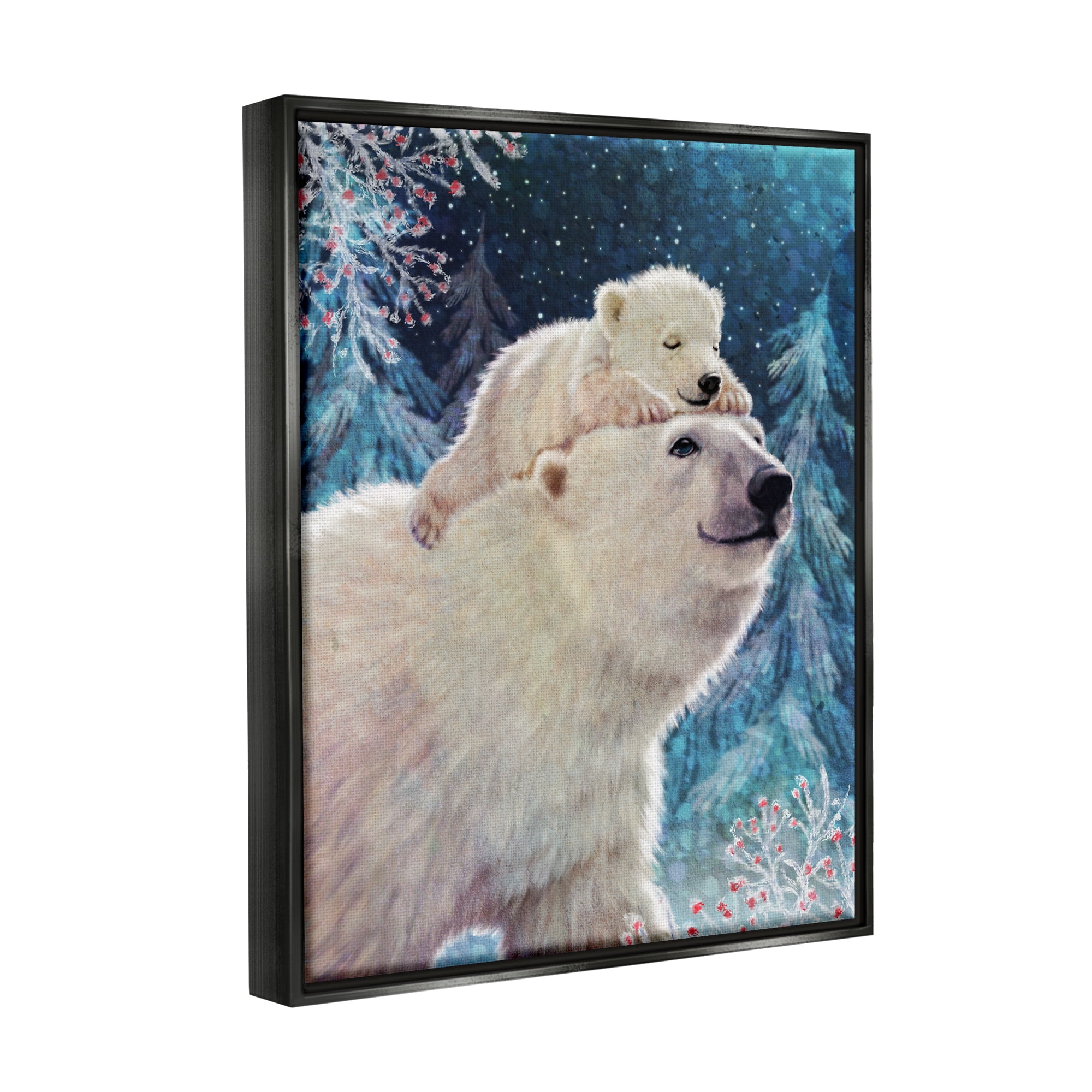 Stupell Industries Polar Bear & Cub Winter Scene Holiday Painting Black Floater Framed Art Print Wall Art